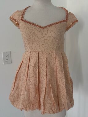 Linen Peach Beaded Scoop Neck Bubble Hem mini dress #239